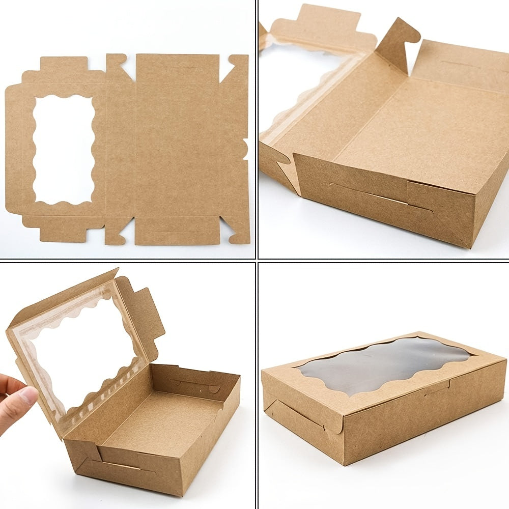 Juego de 10 cajas de cartón Kraft marrón con ventana transparente, pequeñas cajas de papel para regalos para postres