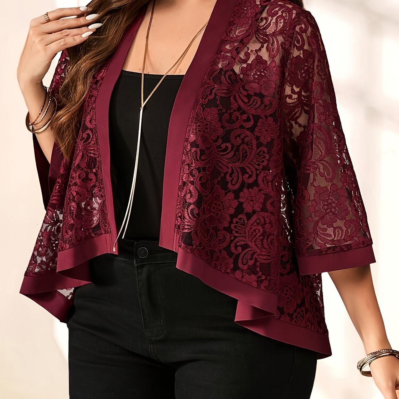 Plus Size Lace Cardigan Lightweight Semi-Transparent Three-Quarter Sleeve Black Summer Top