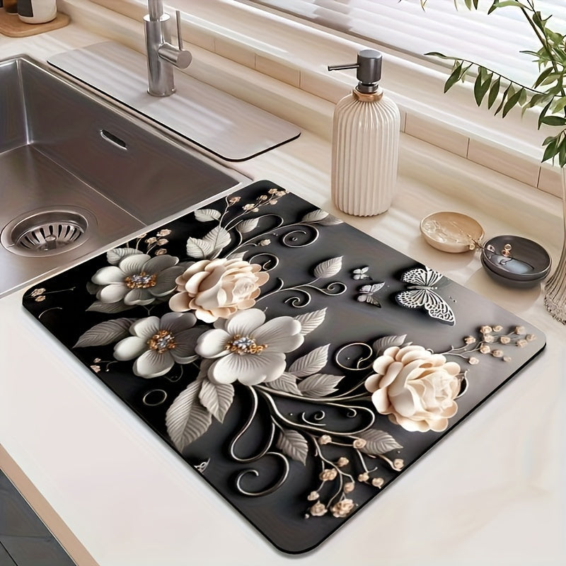 Elegant Floral Kitchen Drying Mat Non-Slip Absorbent Black White Green