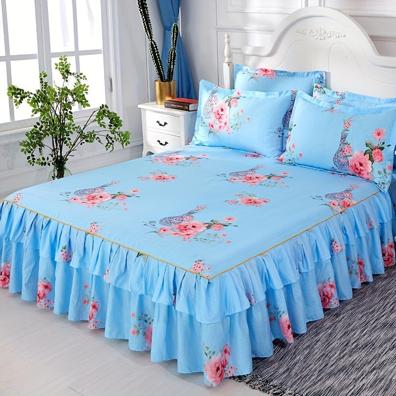 Set of 3 Tropical Floral Bedding Set with Lace Bed Skirt and Pillowcases Ruffled Edges Purple