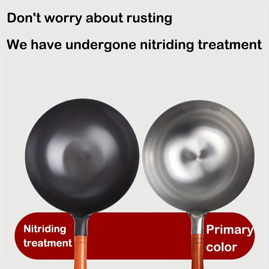 Traditional Chinese Cast Iron Wok with Wooden Handle Non-Stick Surface for Gas Stoves