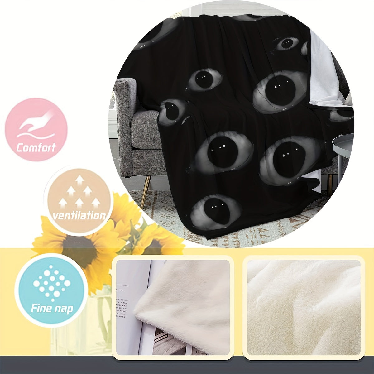 Cozy Flannel Throw Blanket with Eye Pattern for Couch Bed and Camping