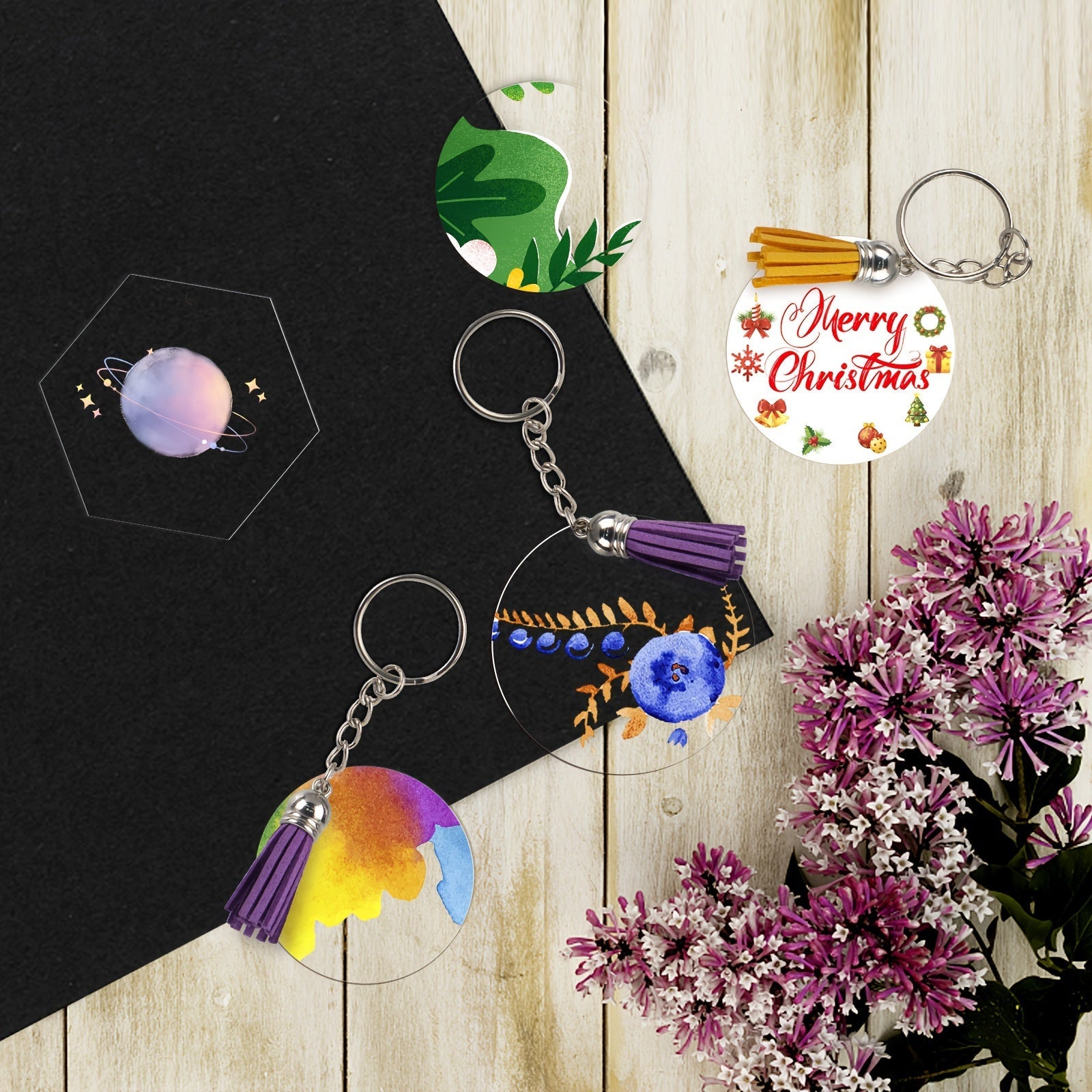 Akril kalitchaq uchun bo'sh joylar to'plami, dumaloq shaffof disklar, vinil bo'yash, hunarmandchilik va to'y dekoratsiyasi uchun teshiklar bilan