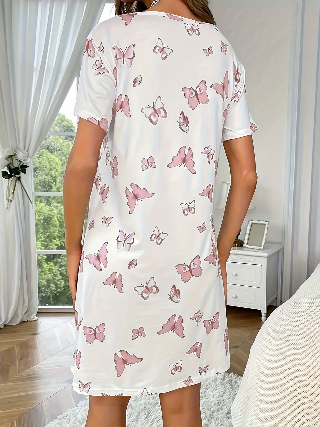 Butterfly Print Casual Nightgown for Women with Short Sleeves and Crew Neck
