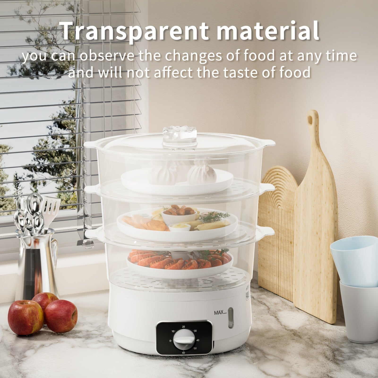 Vaporera eléctrica de 3 niveles 800W libre de BPA, apta para lavavajillas, temporizador de 60 minutos