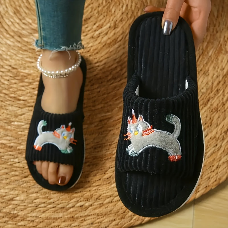 Women's Slip-On Cat Ear Slippers Soft Fabric Indoor Shoes All-Season