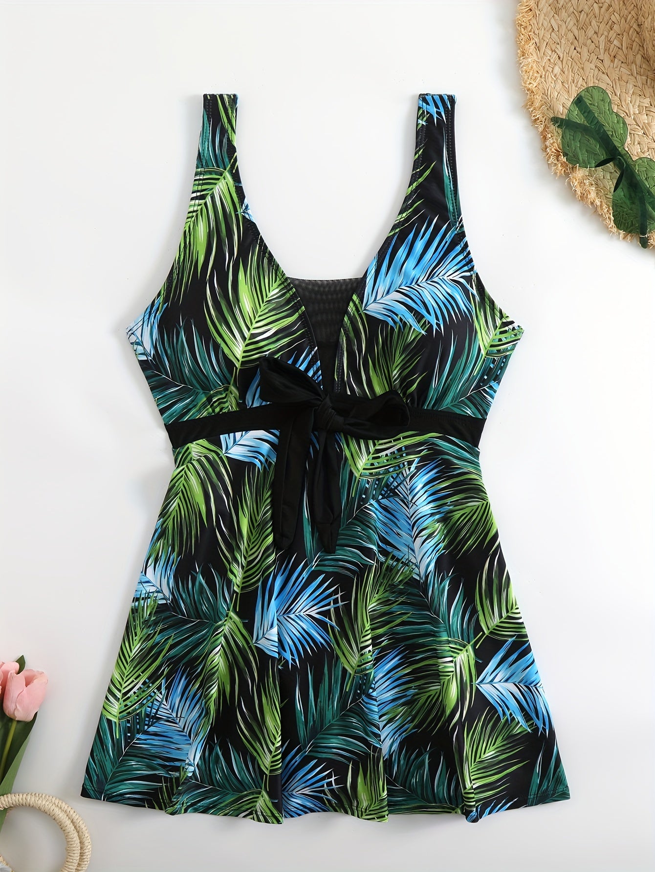 Women's Leaf Print Mesh Backless One-Piece Swimsuit with High Stretch Fabric