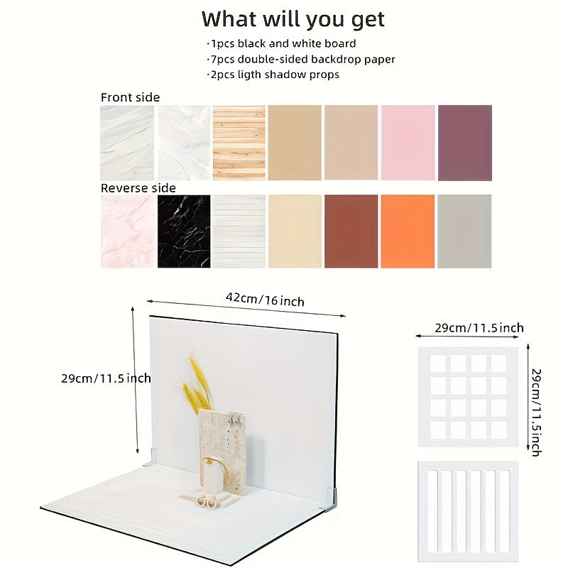 Photography Backdrop Kit with 16 Patterns and 10 Cardboard Photo Boards for Food Jewelry Mini Items