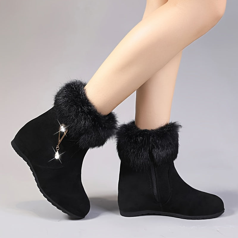 Women's Winter Plush Furry Boots with Rhinestone Chain Black Warm Shoes