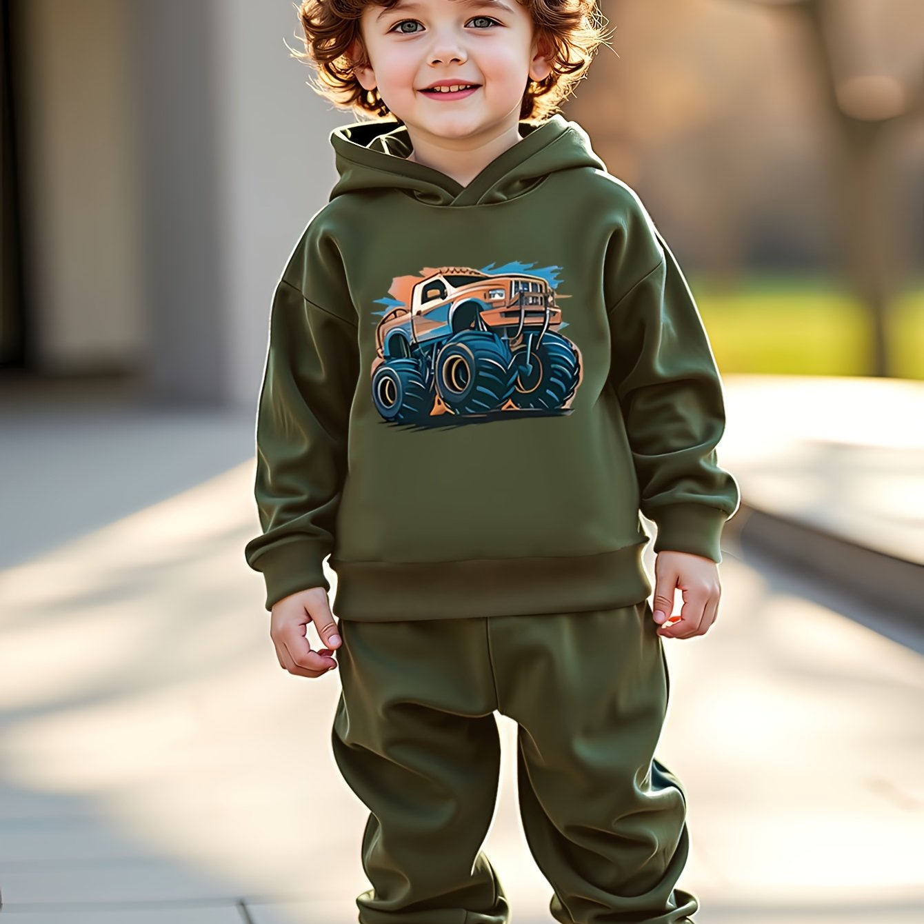 Boys' Fleece-Lined Hoodie and Jogger Set with Vibrant Truck Print for Fall Winter Outdoor Activities