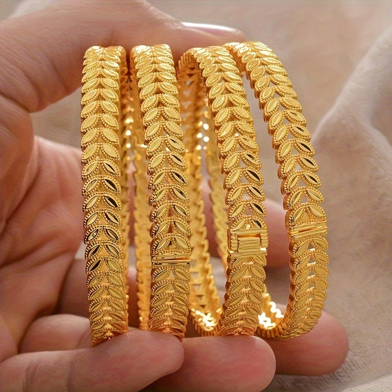 Set of Four Gold Plated Floral Bangle Bracelets for Women Wedding Party Ramadan