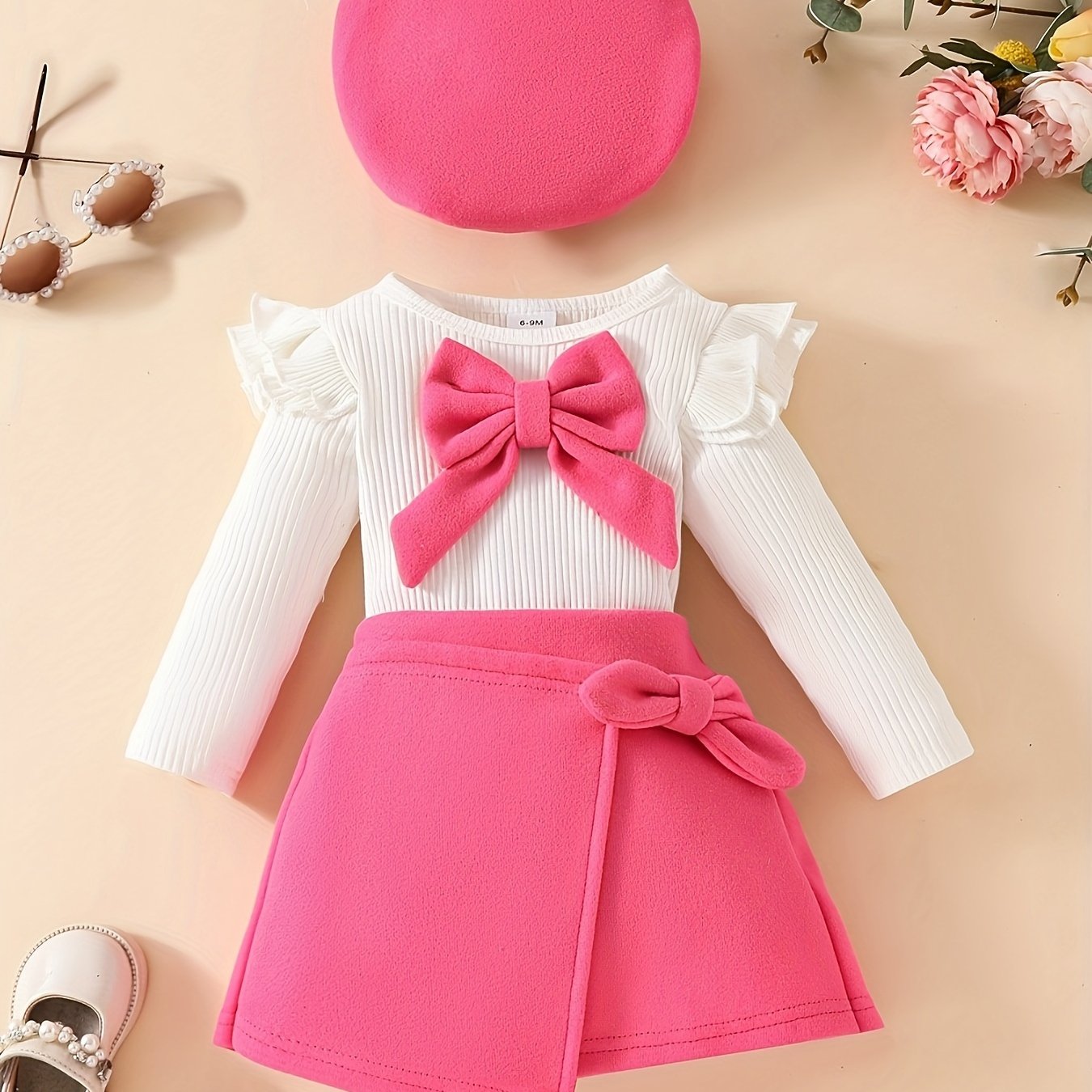 Baby Girls' Winter Fall Knitted Bowknot Top Beret Skirt Set for Toddler Infants
