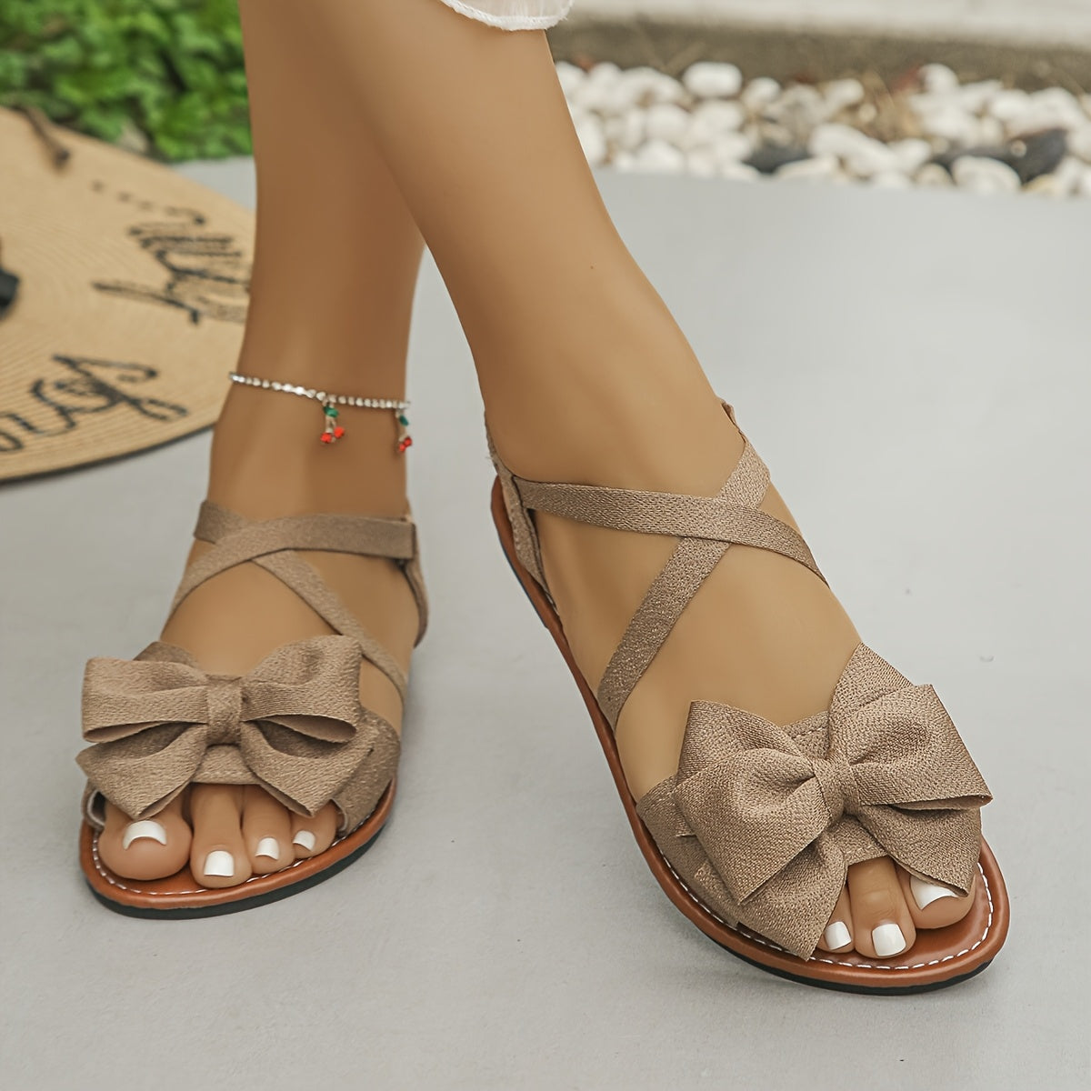 Women's Bowknot Strappy Flat Sandals Solid Color Fabric Summer Shoes