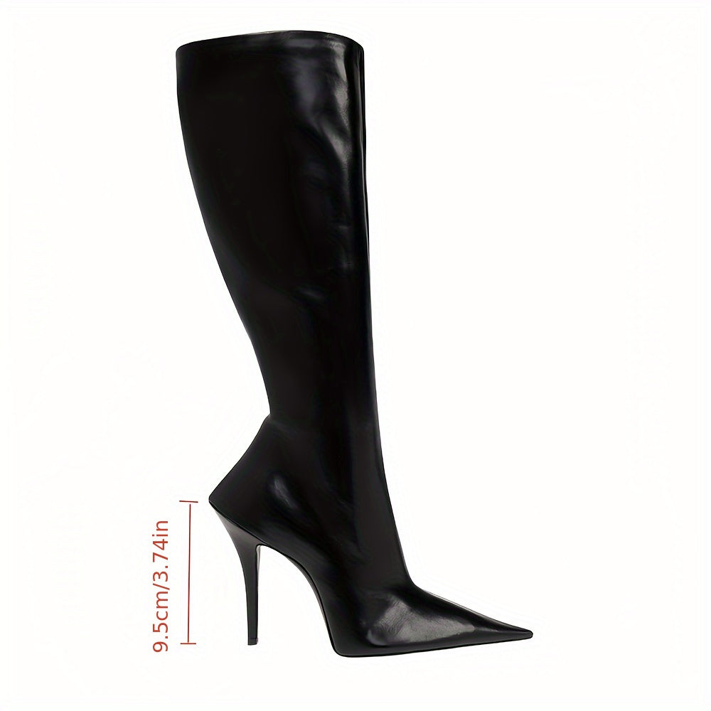 Women's Knee-High Faux Leather Boots with Pointed Toe and Zipper