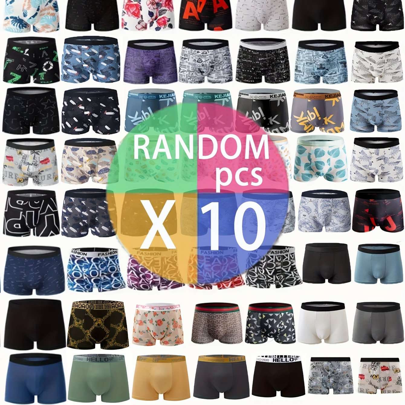 10pcs Men's Random Print Flat-Crotch Underwear Soft Breathable Polyester Spandex