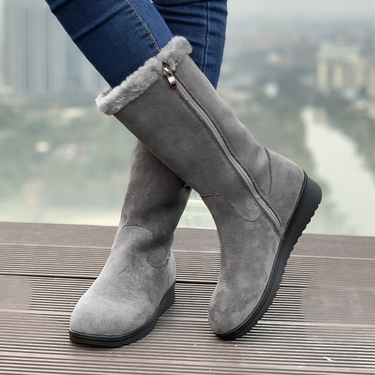 Women's Winter Boots Thickened Mid-Calf Zipper Slip-Resistant Faux Fur Black
