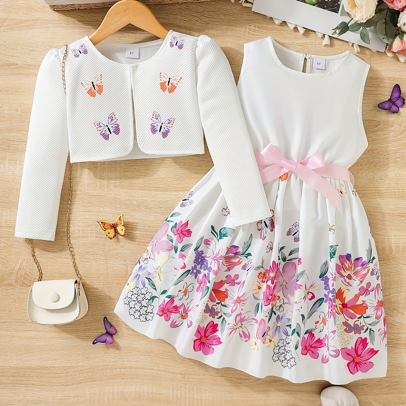 Girls Butterfly Casual Two-Piece Dress Set with Midi Length and Belt