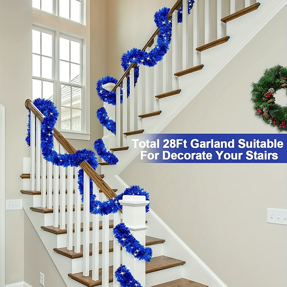 Paquete de 4 decoraciones de guirnalda dorada de 28 pies para fiestas navideñas en interiores y exteriores