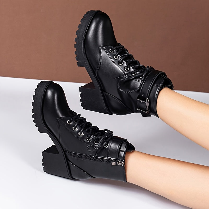 Women’s Leather Lace-Up High Heeled Short Boots Black