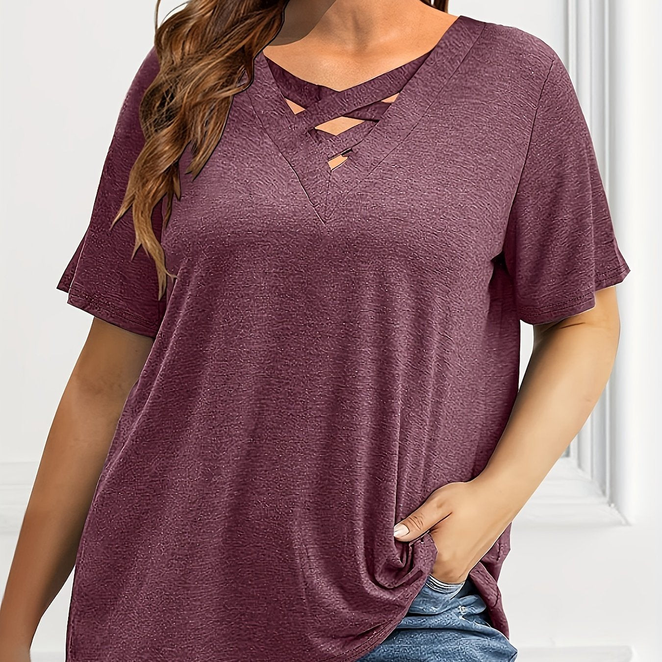 Plus o'lchamli ayollar uchun bir rangli qisqa sleeve T-shirt, kundalik yozgi ko'ylak