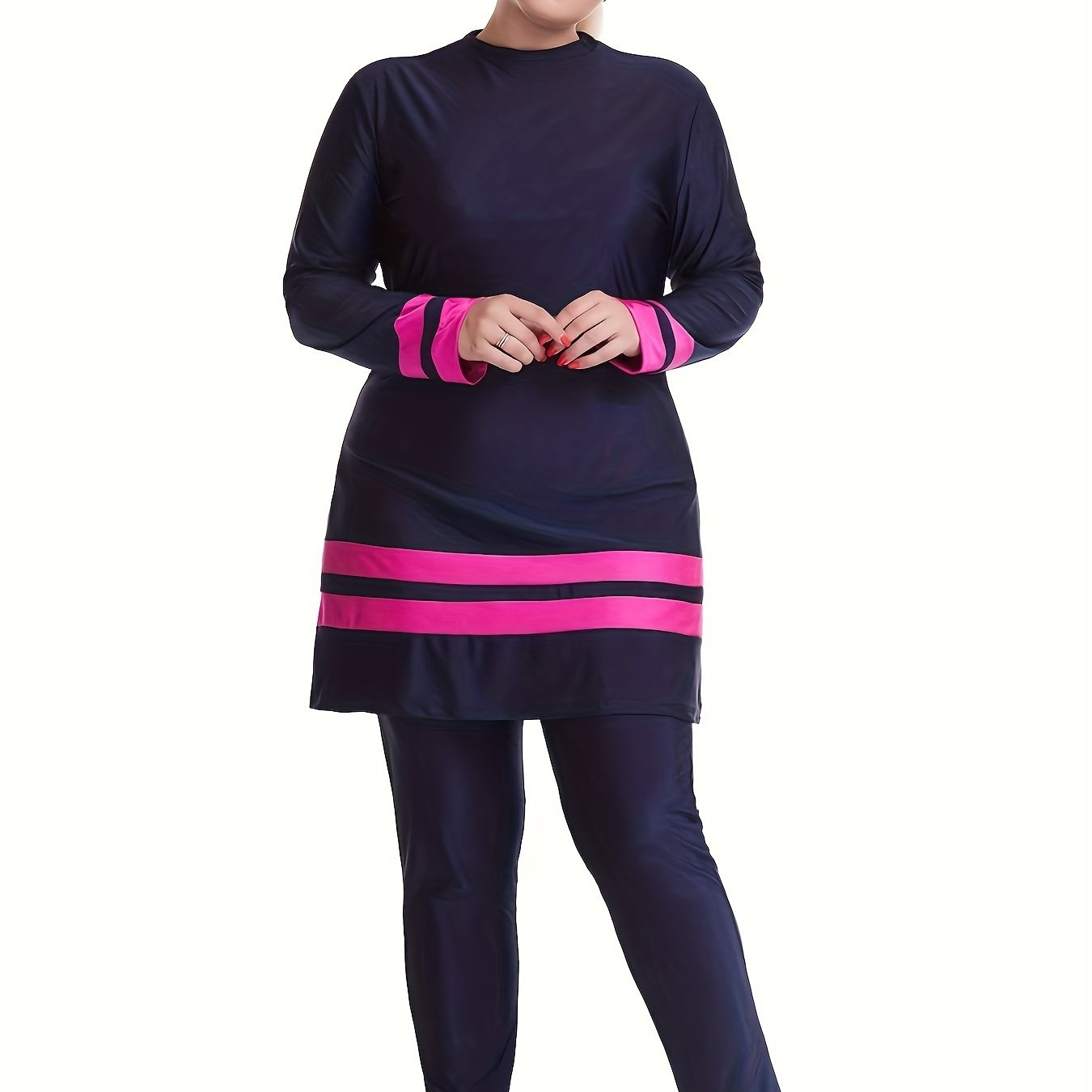 Скромный женский купальник с защитой от солнца, топ и штаны с длинным рукавом, полоски, полиэстер, эластан