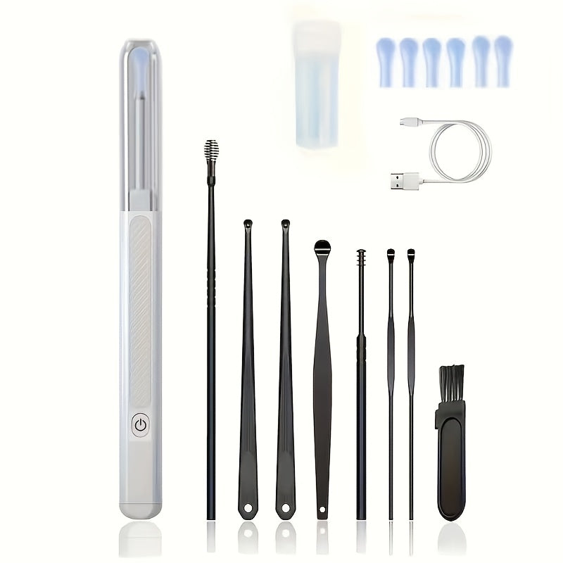 Kamerali yoritilgan quloq qopqog'ini tozalash vositasi, 6 ta silikon quloq qoshiqni o'z ichiga olgan 8 dona to'plam, qayta zaryadlanadigan litiy batareya, USB zaryadlash, 130mAh, zamonaviy quloq qopqog'ini olib tashlash aksessuar.