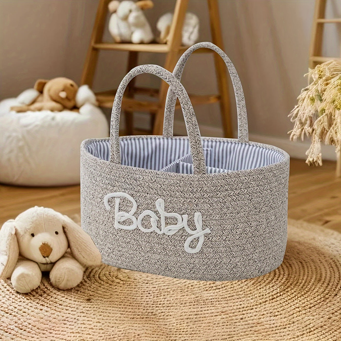 Paxta ipi saqlash savati, ajraladigan ichki qismi va harflar bilan dizayni bilan qo‘l ushlash uchun tashkilotchi