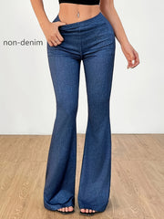 Women's Plus Size Flare Leg Pants Stretch Denim Dark Blue High-Waisted Bell Bottoms