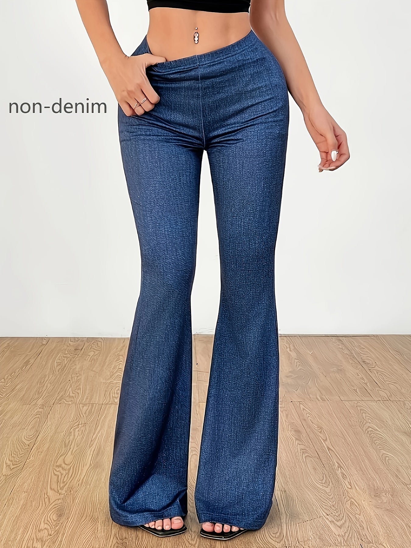 Women's Plus Size Flare Leg Pants Stretch Denim Dark Blue High-Waisted Bell Bottoms