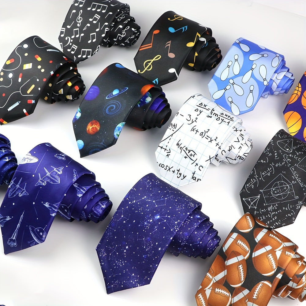 Silk-Like Printed Tie with Airplanes Planets Symbols Musical Notes Footballs for School Work Party