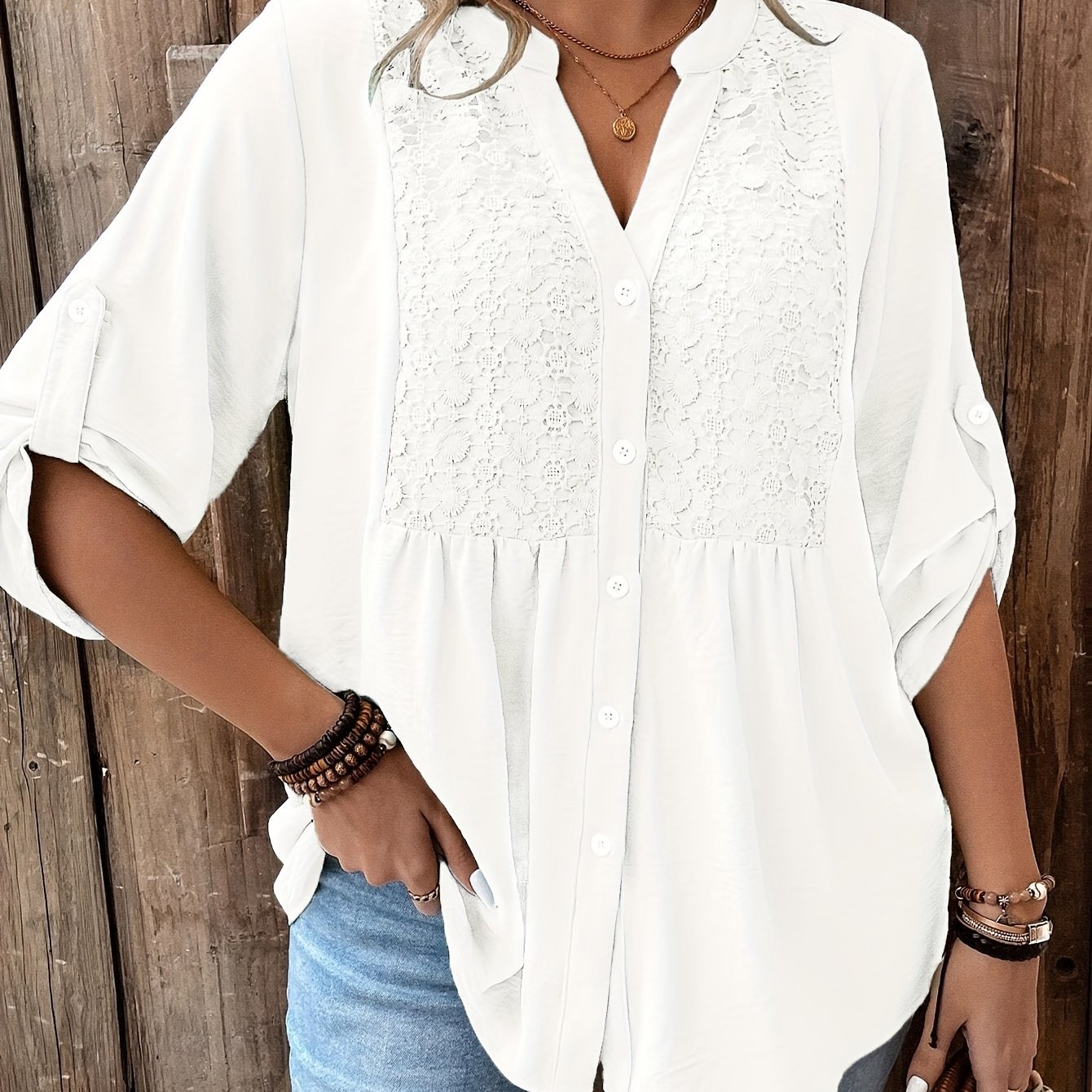 White Plus Size V-Neck Lace Blouse for Women Lightweight Polyester Casual Spring Summer Fall