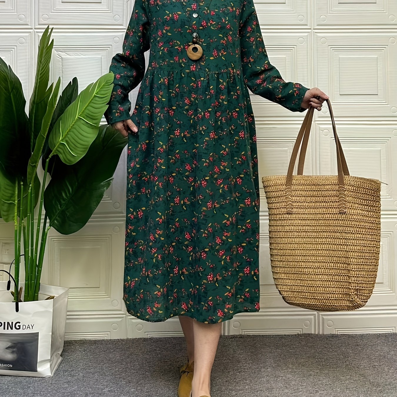 Women's Linen Dress with Floral Pattern, Long Sleeve, Lapel Collar, Beach Vacation Style