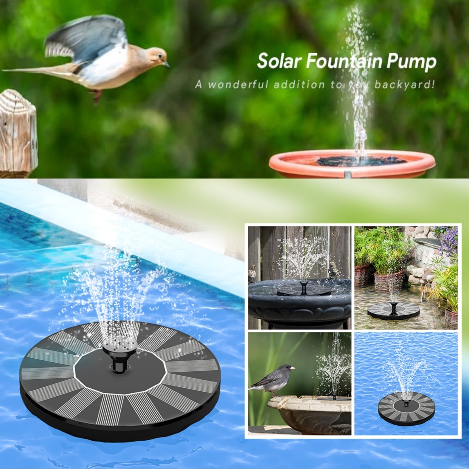 Solar Powered Water Fountain Pump for Pond Pool Bird Bath Plastic Eco-Friendly