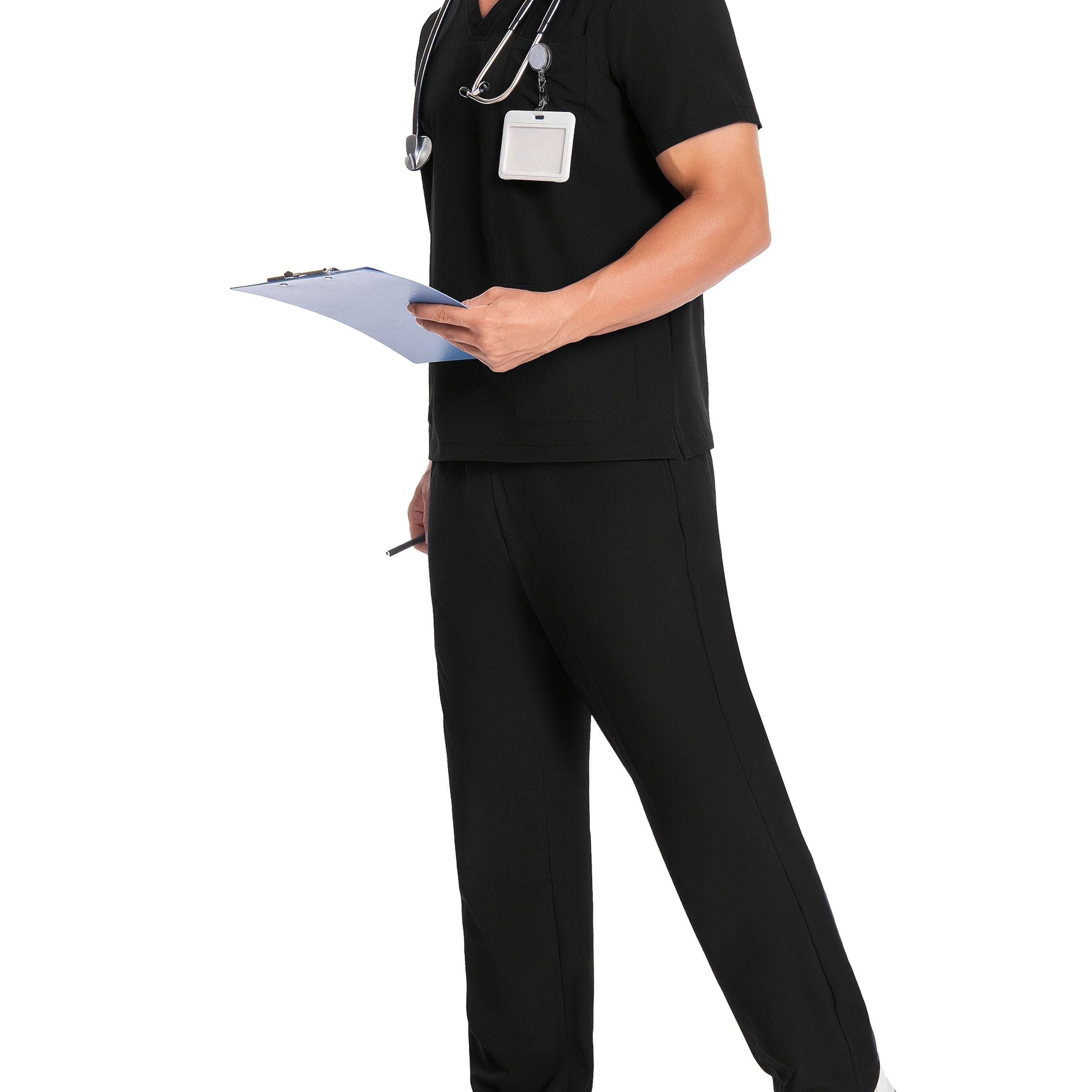 Men's Breathable Polyester Workwear Set V-Neck Top and Pants with Pockets for Pet Grooming and Lab Coats