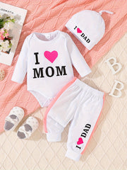 Baby Girl Boy 3-Piece Knit Pant Set with Matching Hat I Love Mom Dad Fall Winter