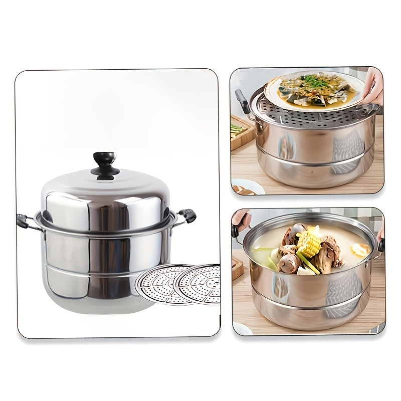 Olla de vapor de doble capa de acero inoxidable de 26cm con tapa para cocinar y cocinar al vapor