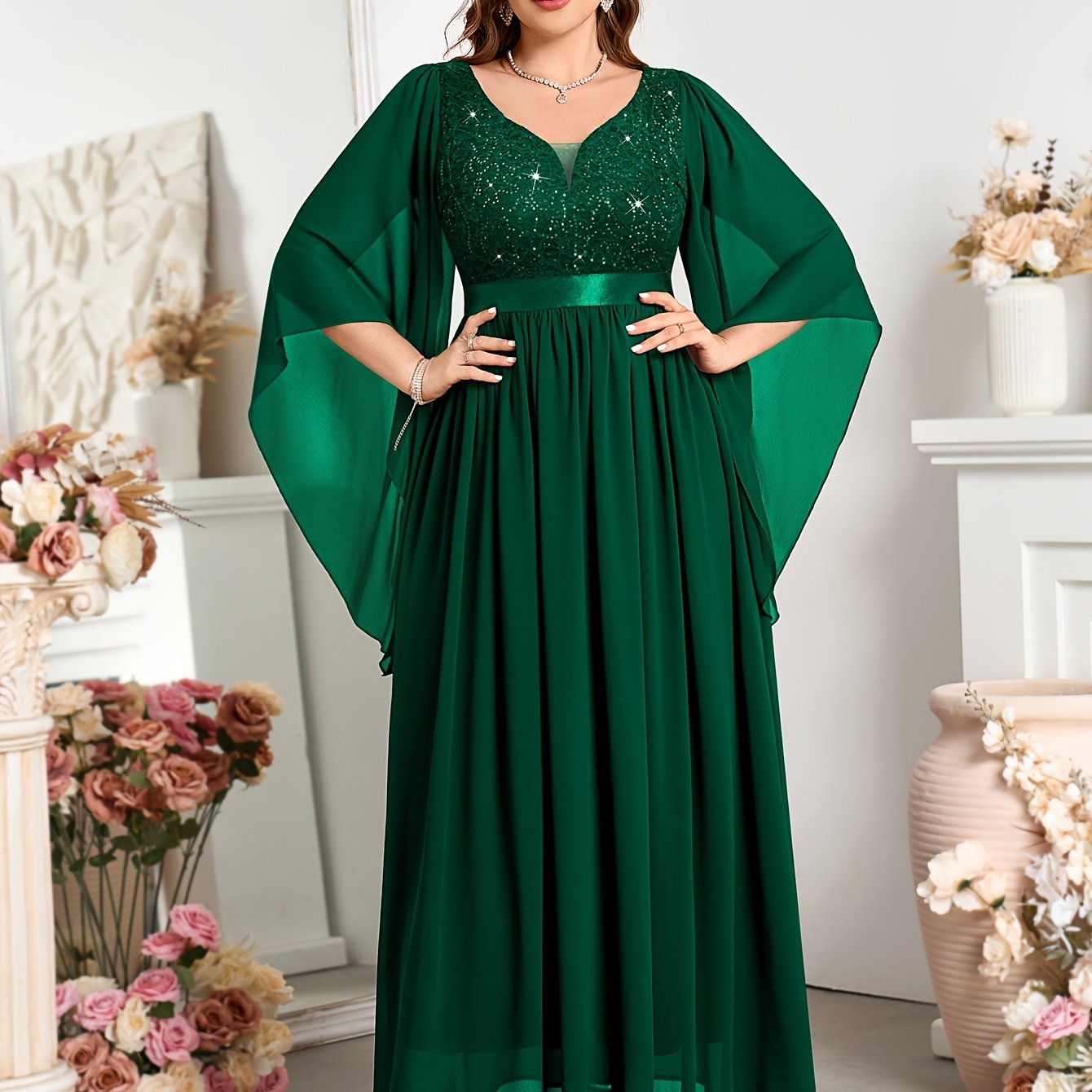 Plus Size Women's Chiffon Lace Dress Deep V-Neck Ruffle Sleeves Wedding