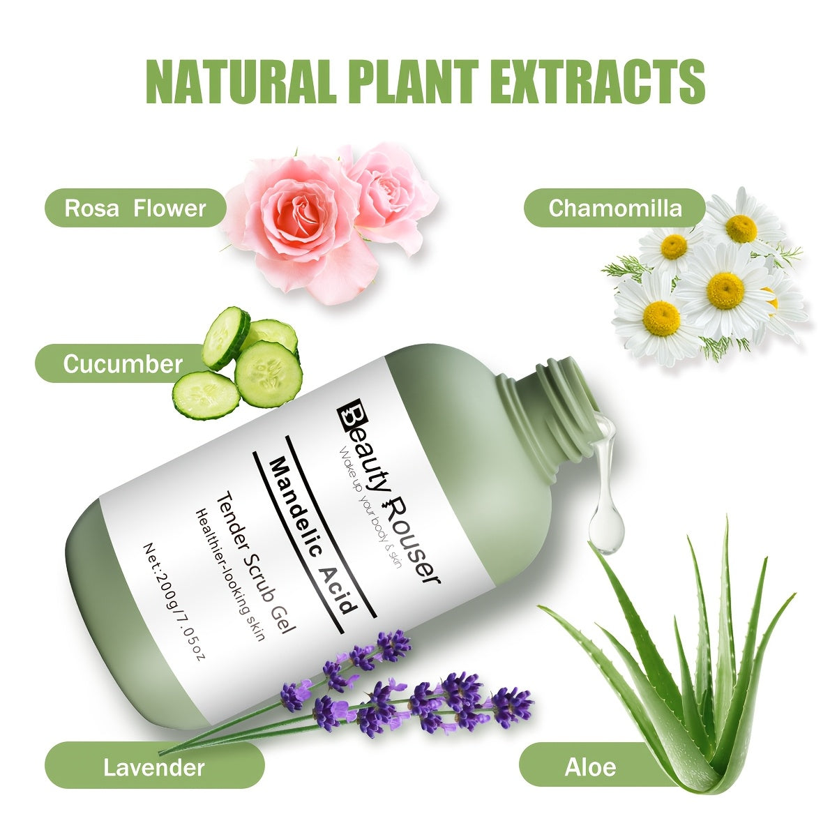 200g/7.05oz Beauty Rouser Mandelik Kislota Skrab Geli - Spirtli emas, Aloe Vera va Atirgul bilan Namlantiruvchi, Har xil Teri Turlari uchun Chuqur Pora Tozalovchi.