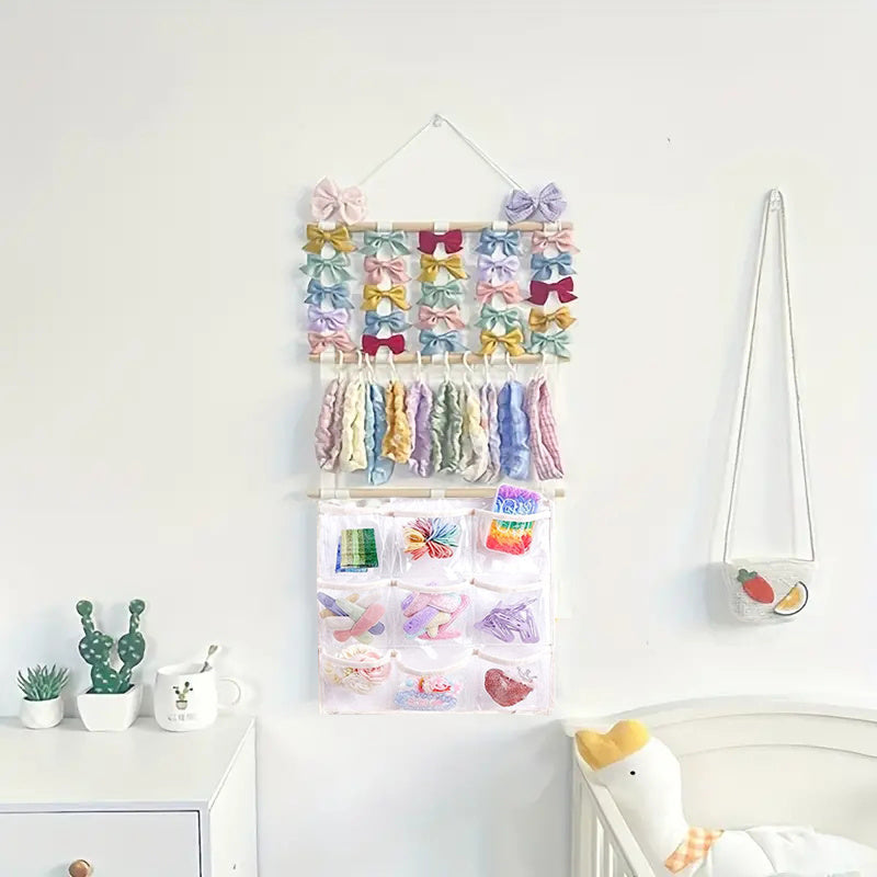 Hair Accessory Organizer with 10 Hooks and Hanging Display Pocket for Jewelry Storage