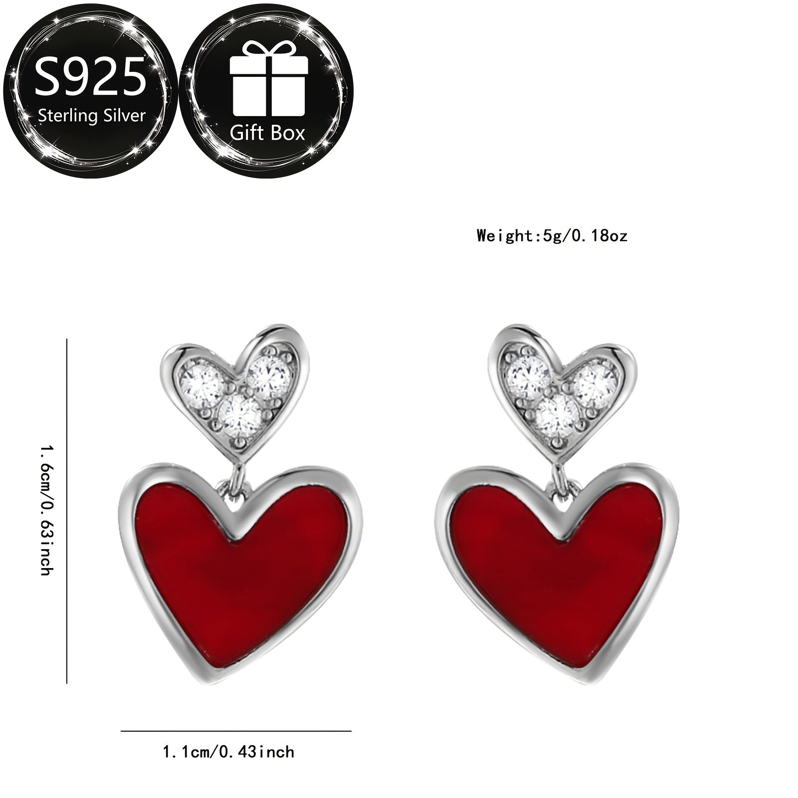 Sterling Silver Heart Earrings with Synthetic Zirconia for Women