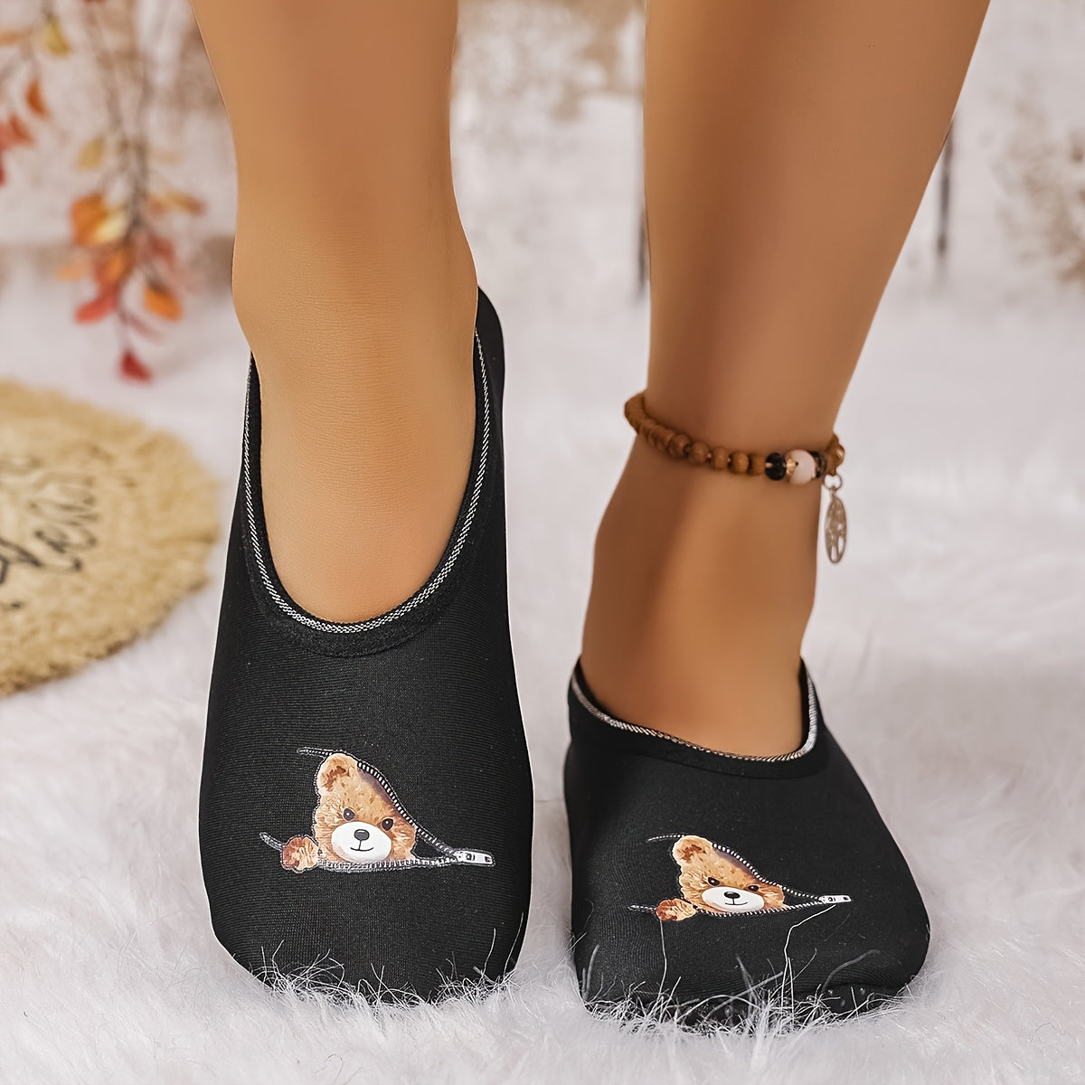 Women's Winter Cotton Zipper Bear Slippers Indoor Cozy House Shoes