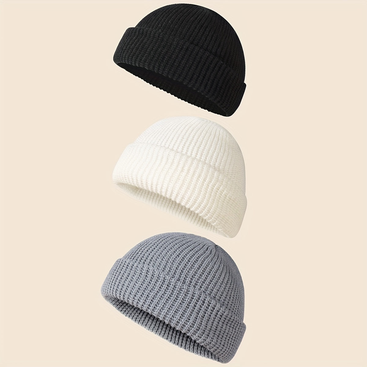 Conjunto de 3 gorros de punto con ribete de acrílico en negro, blanco y gris, unisex