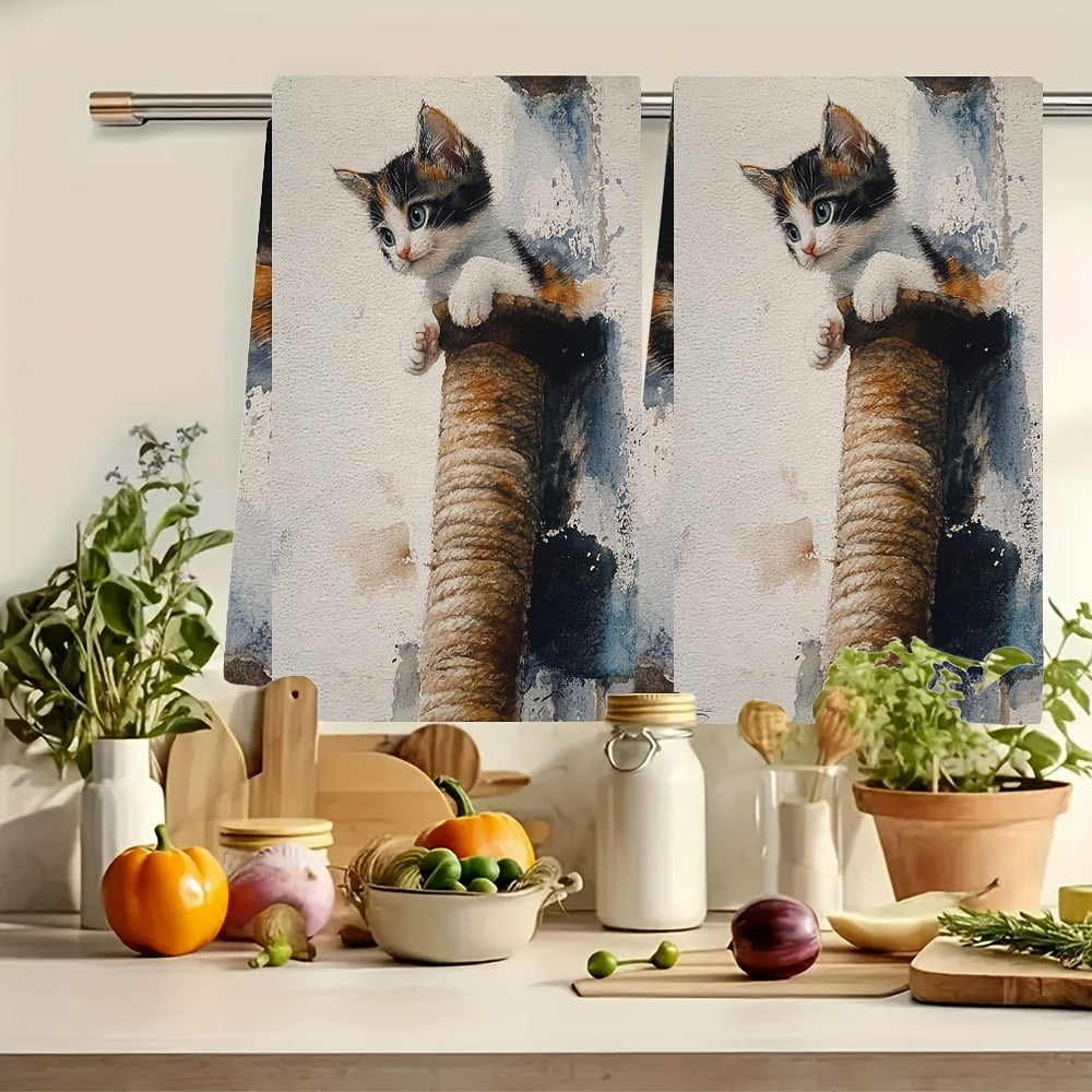 2 Ultra Soft Kitchen Towels Kitten Cat Tree Design 16x24 Inches Absorbent