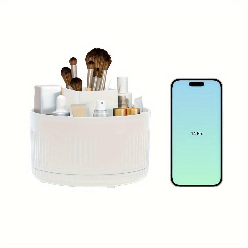 White Plastic Rotating Makeup Organizer with Textured Design for Brushes and Skincare