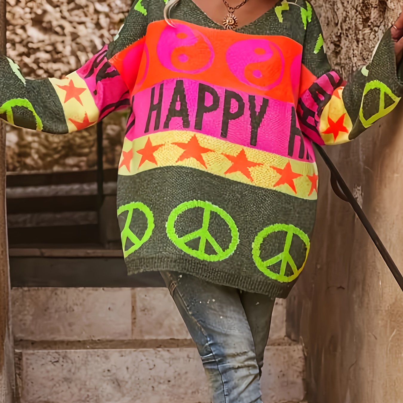 Women’s Plus Size V-Neck Sweater with Peace Sign and Star Print Green Orange