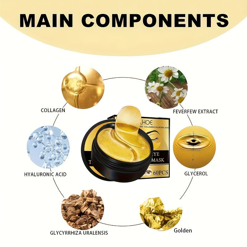 Oltin ko'z niqoblari: 60 dona, kollagen va gialuron kislotasi bilan terini mustahkamlash, namlantiruvchi va alkogolsiz, barcha teri turlari uchun mos.