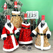 Set of 2 Festive Christmas Wine Bottle Covers with Sequined Attire Plush Hats Leak-Proof Sweater