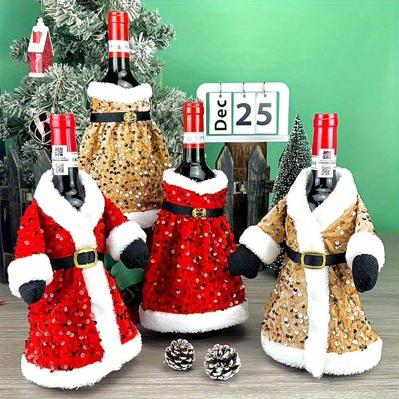 Set of 2 Festive Christmas Wine Bottle Covers with Sequined Attire Plush Hats Leak-Proof Sweater