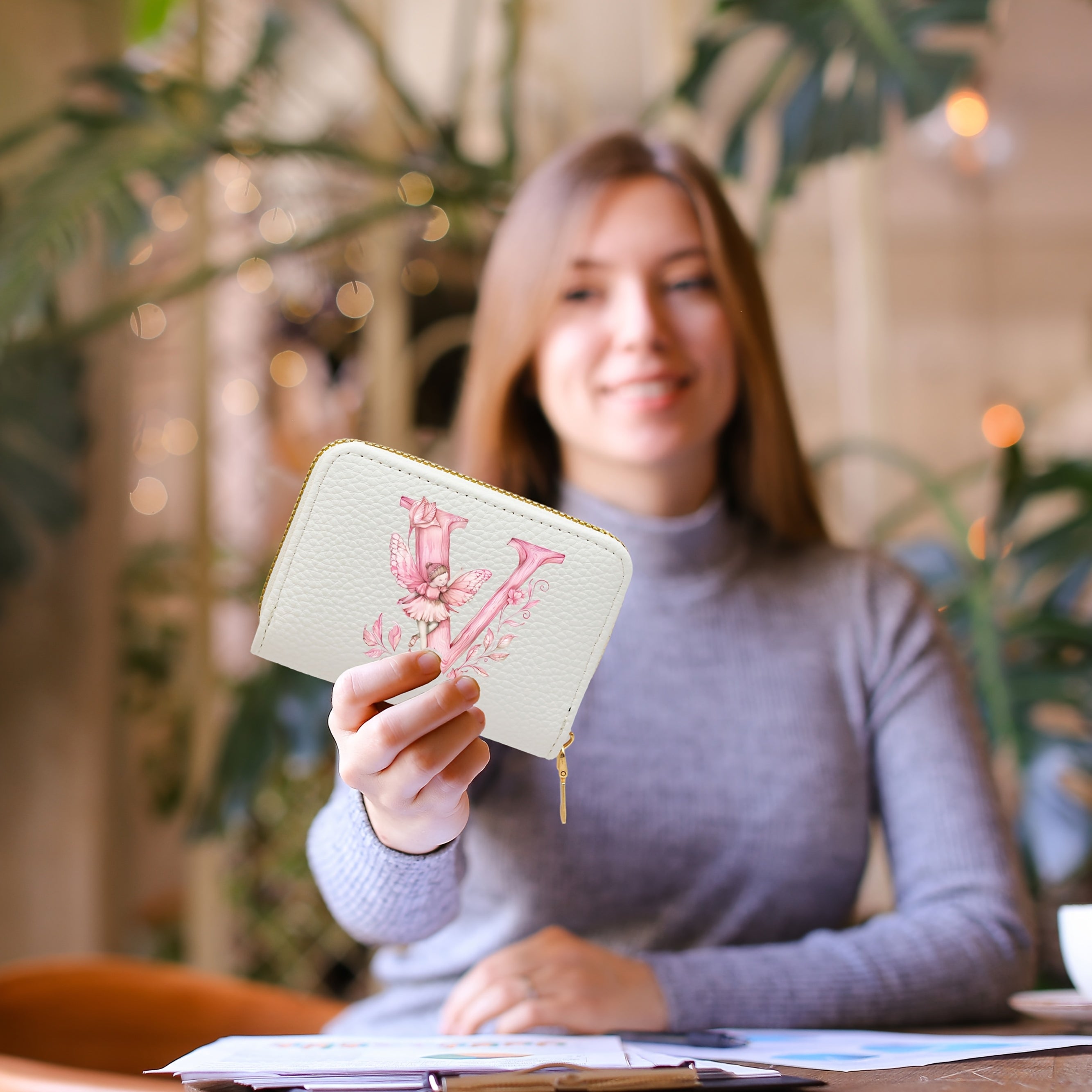 Tarjetero de mujer de cuero sintético, estilo acordeón delgado, con cierre de cremallera para monedas