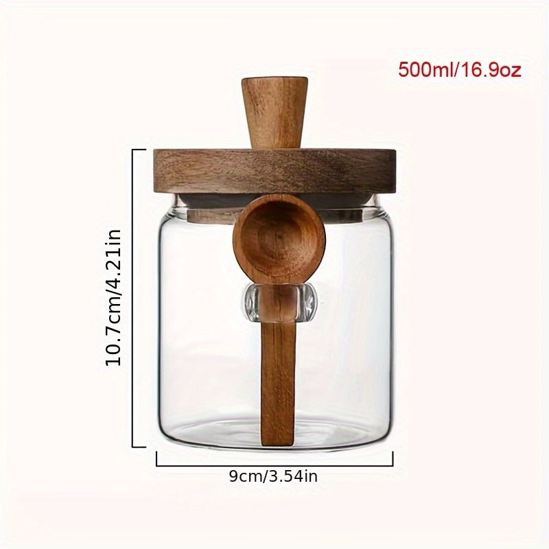 Glass Storage Jar with Acacia Wood Lid and Spoon for Kitchen Food Spices Nuts Candy Airtight Container